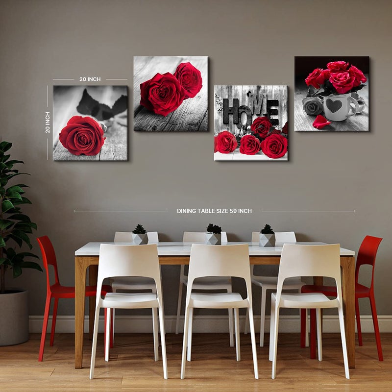 YOOOAHU Red Rose Posters for Living Room Red and Black Wall Art Flower Painting Bedroom Wall Decor Romantic Floral Canvas Painting Bathroom Pictures Modern Kitchen Accessories Home Decoration 20x20" 4 Pcs/Set - Image 4